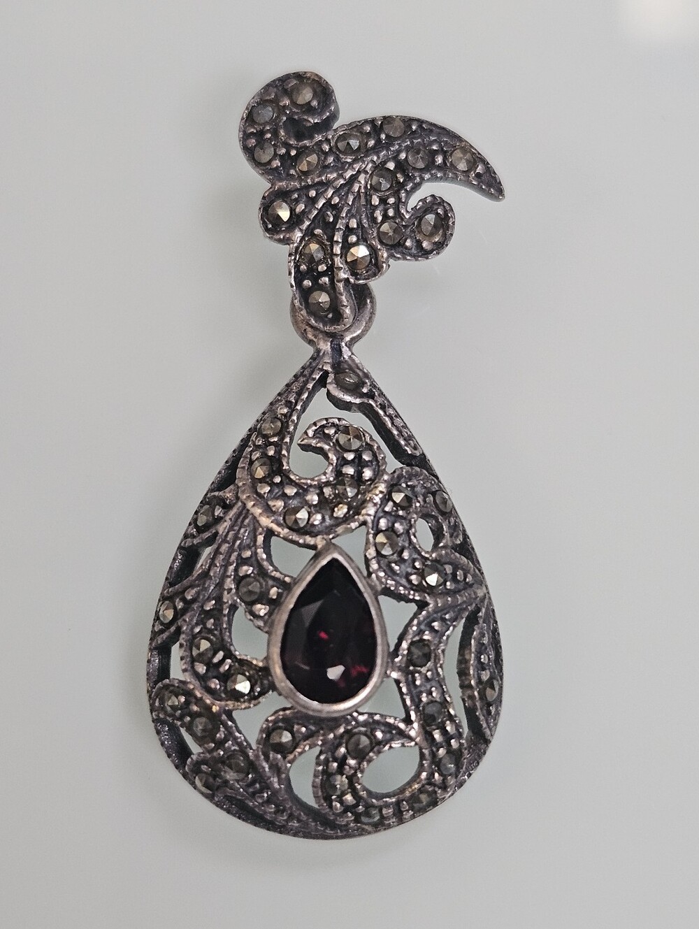 Sterling Silver Edwardian Style Garnet Marcasite 925 Pendant